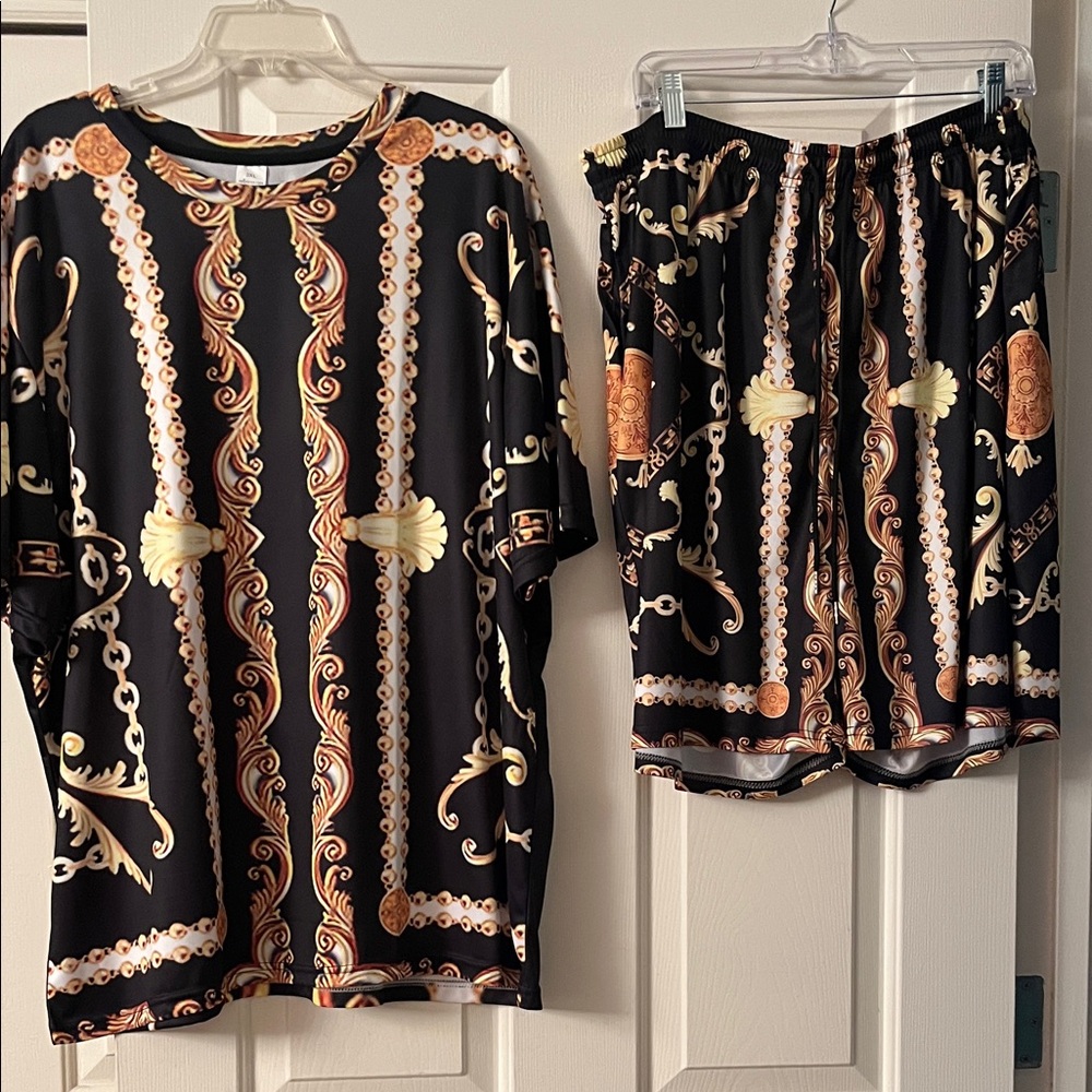 Black and Gold Patterned Shirt and Shorts Set